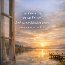 "Die Erinnerung ist das Fenster, durch das wir dich sehen können, wann immer wir wollen." Manchmal genügt ein einzelner Gedanke, ein vertrauter Klang oder ein Bild, und dieses Fenster steht einen Moment weit offen. In der Stille darin bleibt Platz für das, was fehlt, und für das, was bleibt. So wird Nähe spürbar, ohne dass Worte alles erklären müssen. #erinnerung #abschied #trauer #liebe #vermissen #innehalten #stille